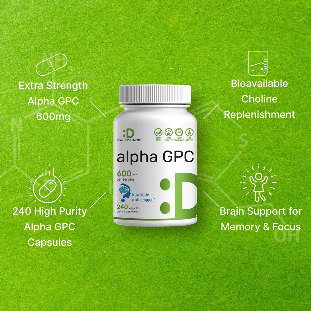 DEAL SUPPLEMENT Alpha GPC packaging demonstrates a 240-capsule long-lasting supply.