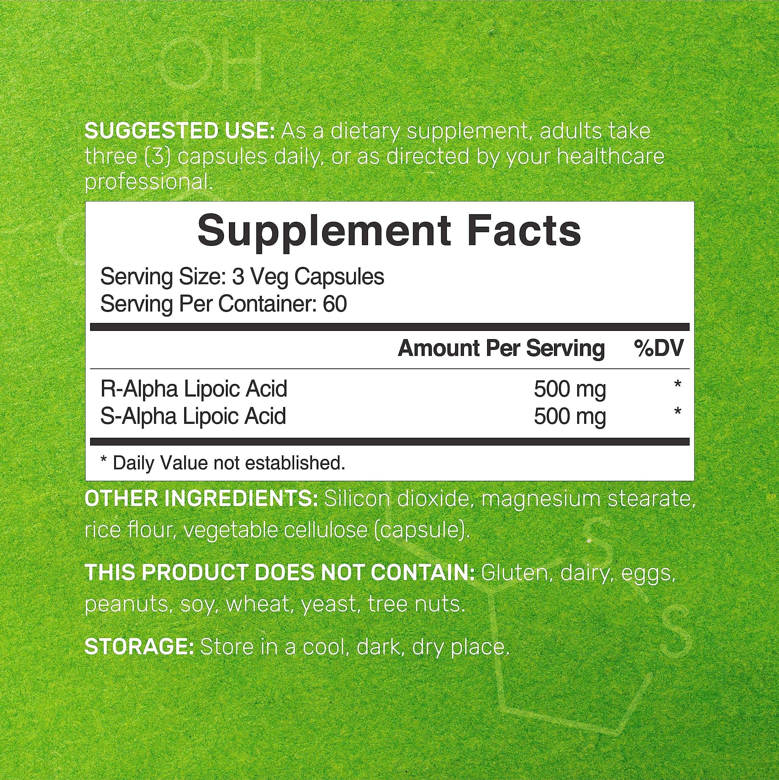Deal Supplement Alpha Lipoic Acid capsules closeup highlights 50/50 R-ALA and S-ALA.