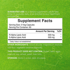 Deal Supplement Alpha Lipoic Acid capsules closeup highlights 50/50 R-ALA and S-ALA.