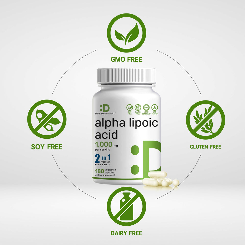 Deal Supplement Alpha Lipoic Acid label closeup confirms Non-GMO and allergen-free features.