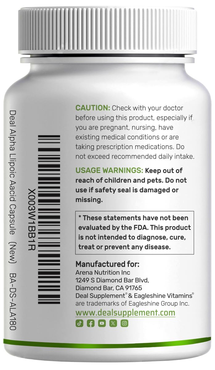 Deal Supplement Alpha Lipoic Acid nutrition facts panel shows 180 veggie capsules.
