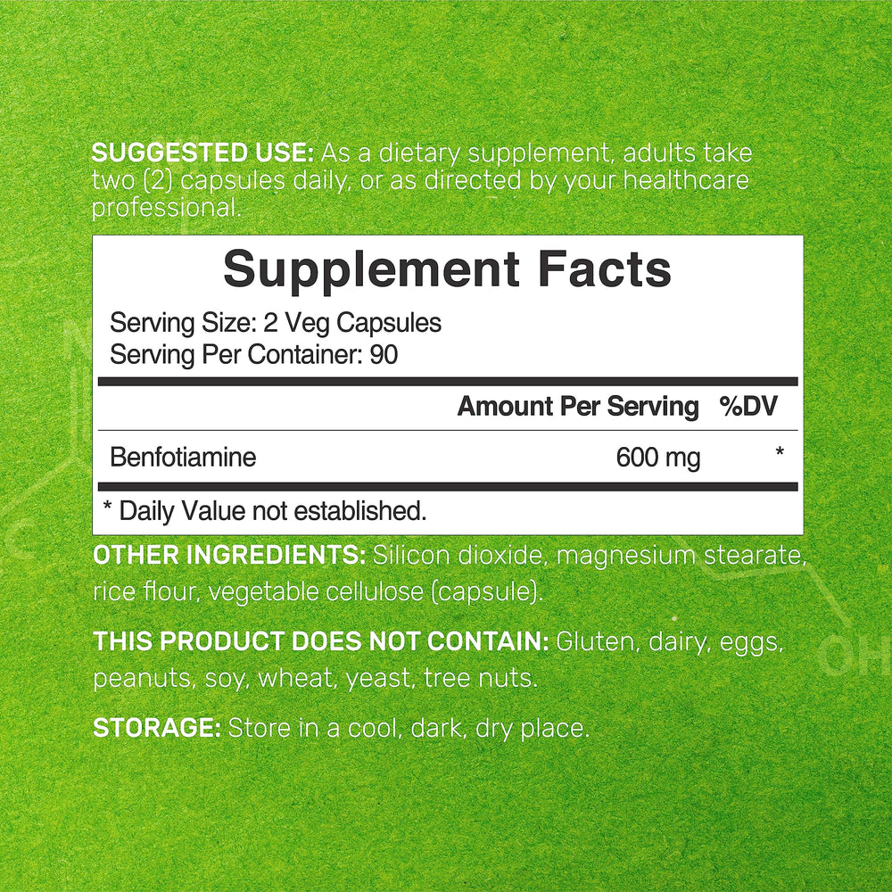 DEAL SUPPLEMENT Benfotiamine capsules highlighting vegan, non-GMO formulation.