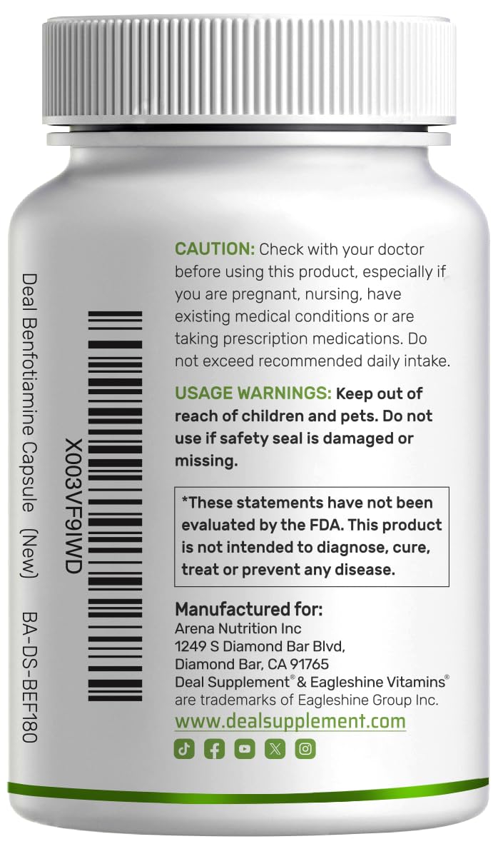 DEAL SUPPLEMENT Benfotiamine nutrition facts illustrate fat-soluble vitamin B1 content.