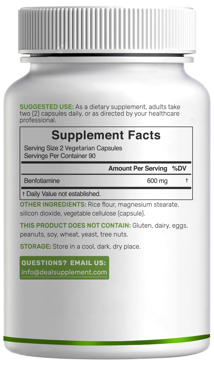 DEAL SUPPLEMENT Benfotiamine vegan and gluten-free badges on bottle.