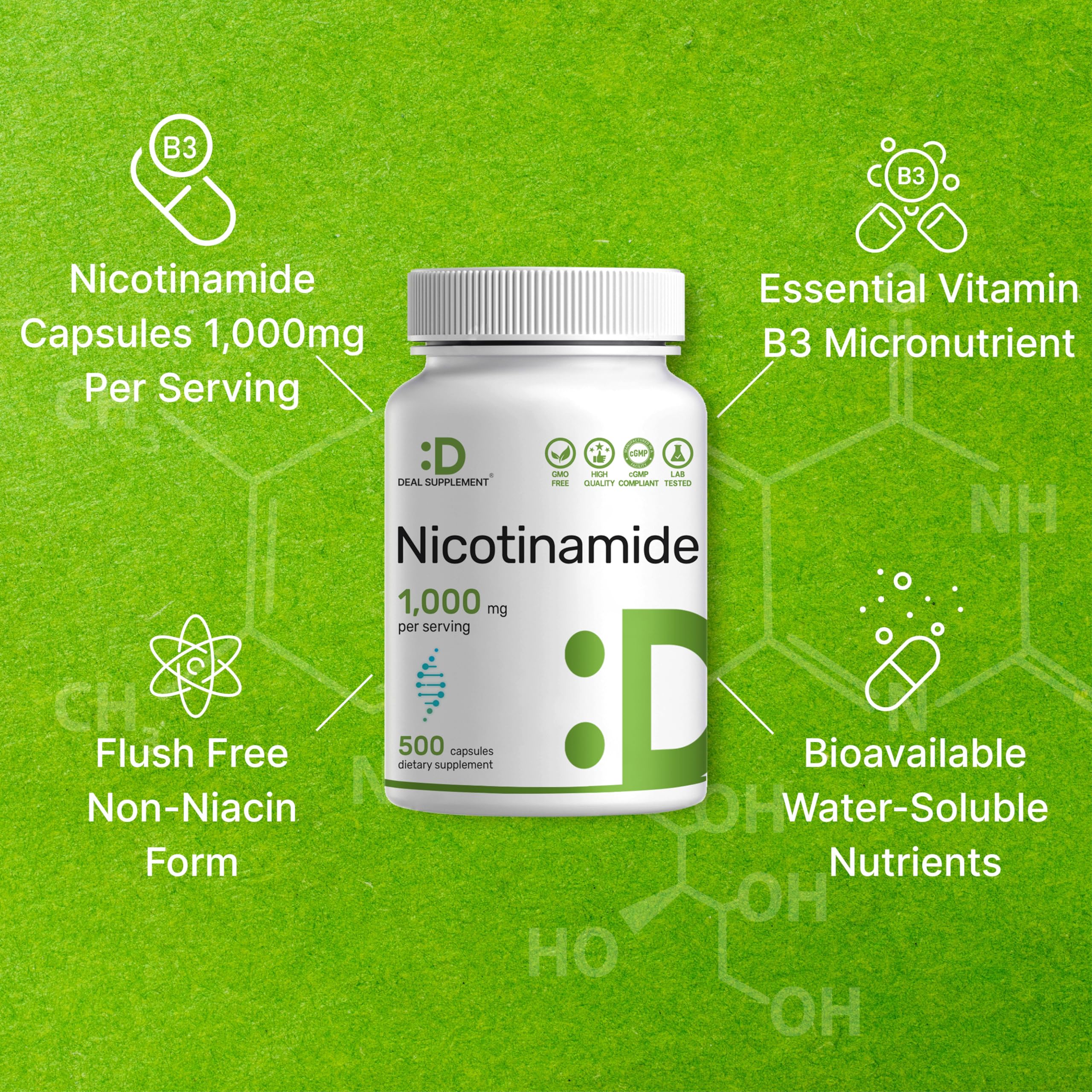 DEAL SUPPLEMENT bottle label clearly shows Non-GMO and allergen-free information.