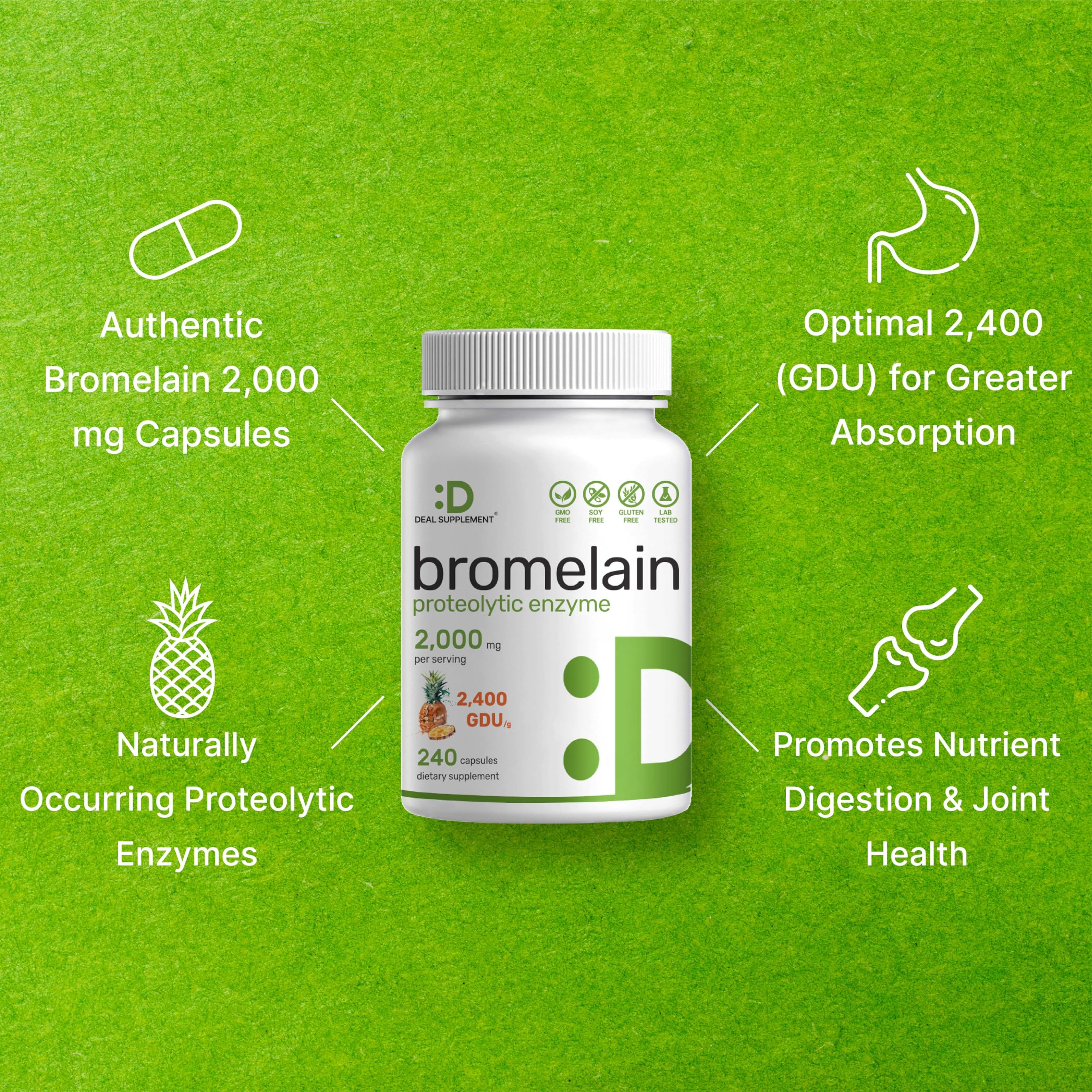 DEAL SUPPLEMENT Bromelain active GDU 2400 signals strong pineapple enzyme activity.