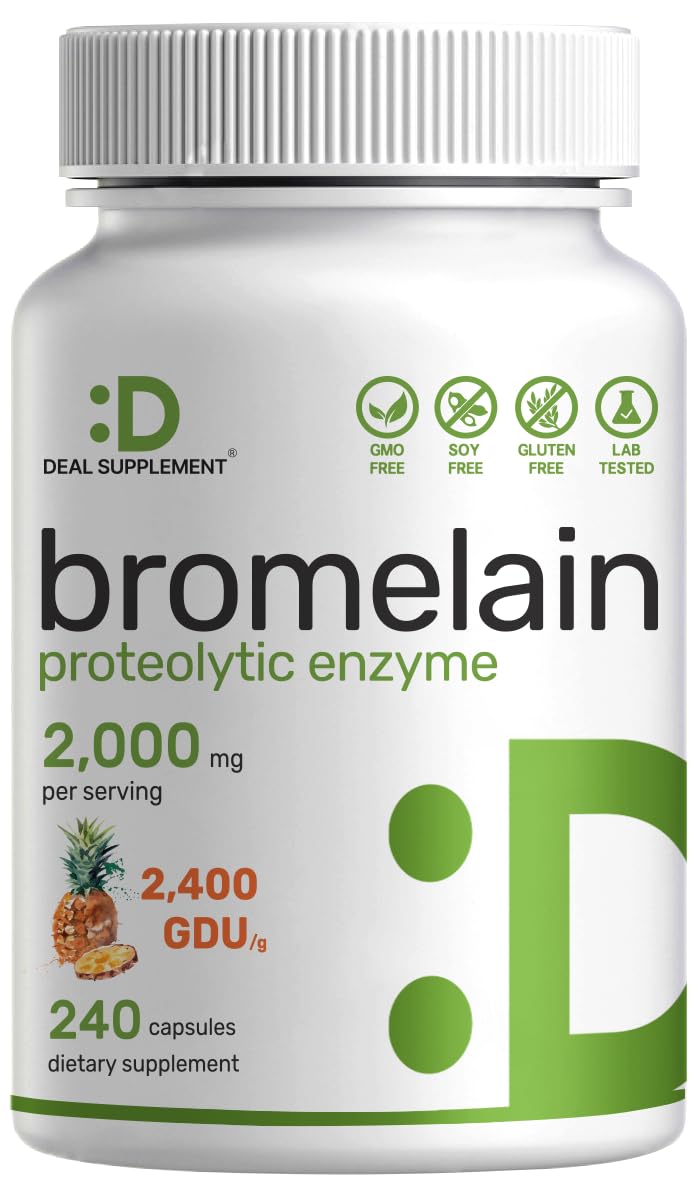 DEAL SUPPLEMENT Bromelain bottle closeup highlighting potent pineapple-derived enzymes for digestion.