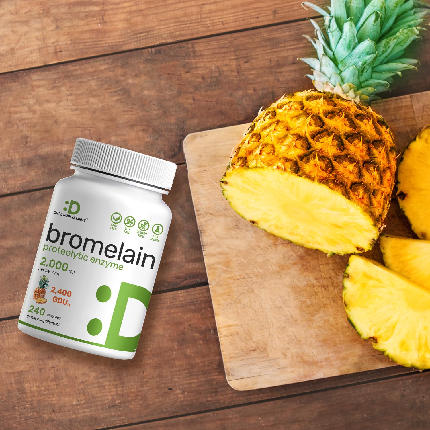 DEAL SUPPLEMENT Bromelain non-GMO label reflects clean formulation.