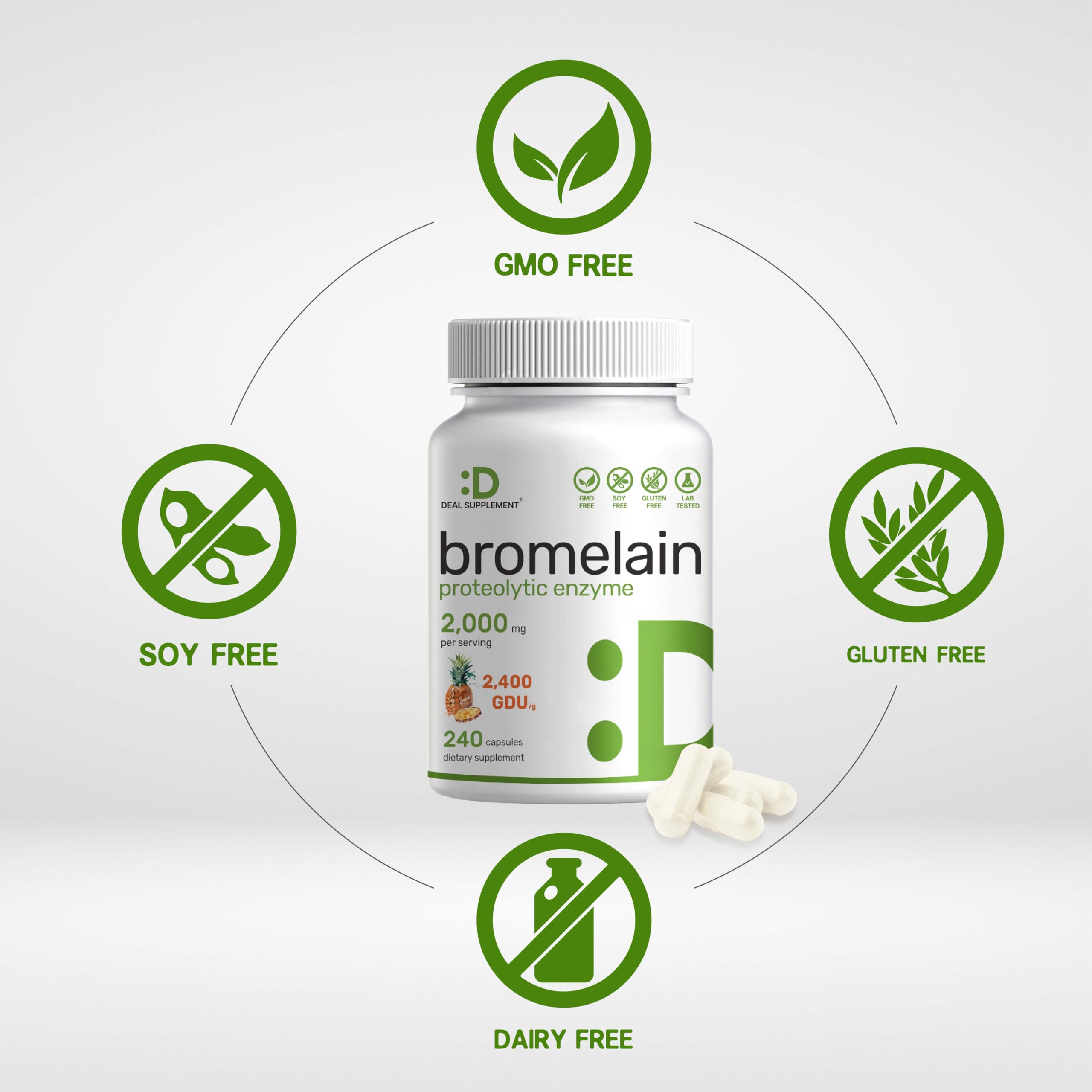 DEAL SUPPLEMENT Bromelain serving size 2000mg highlights convenient protein digestion support.