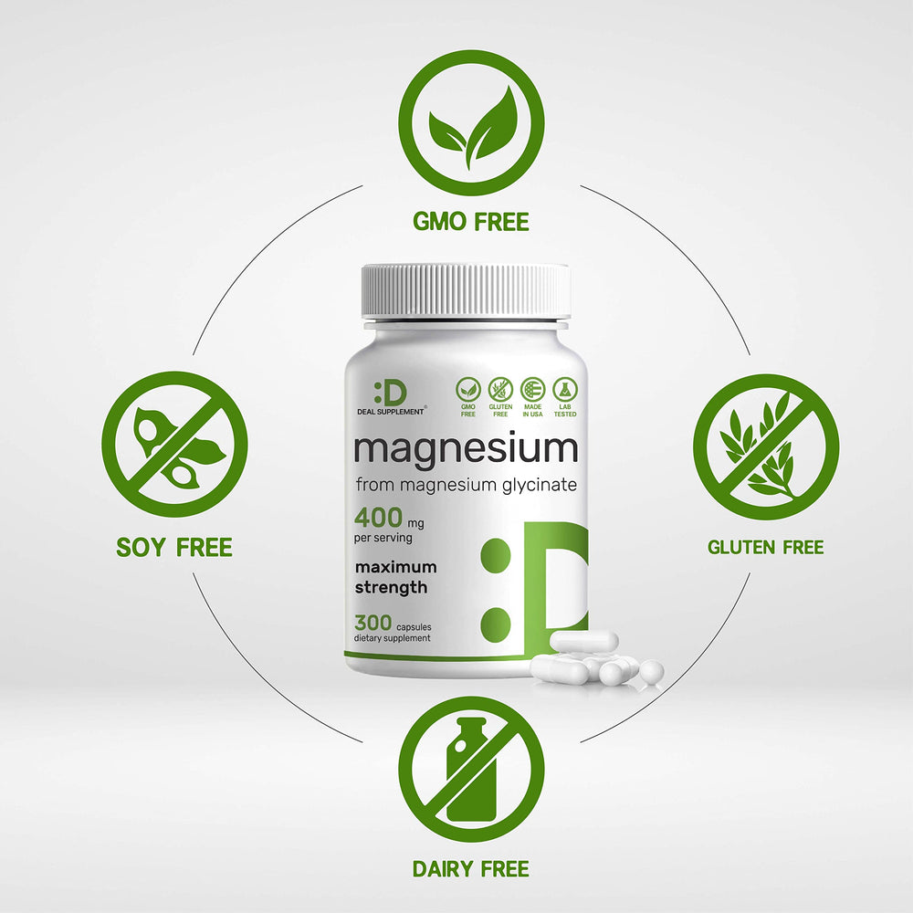 Non-GMO badge on DEAL SUPPLEMENT magnesium glycinate bottle.