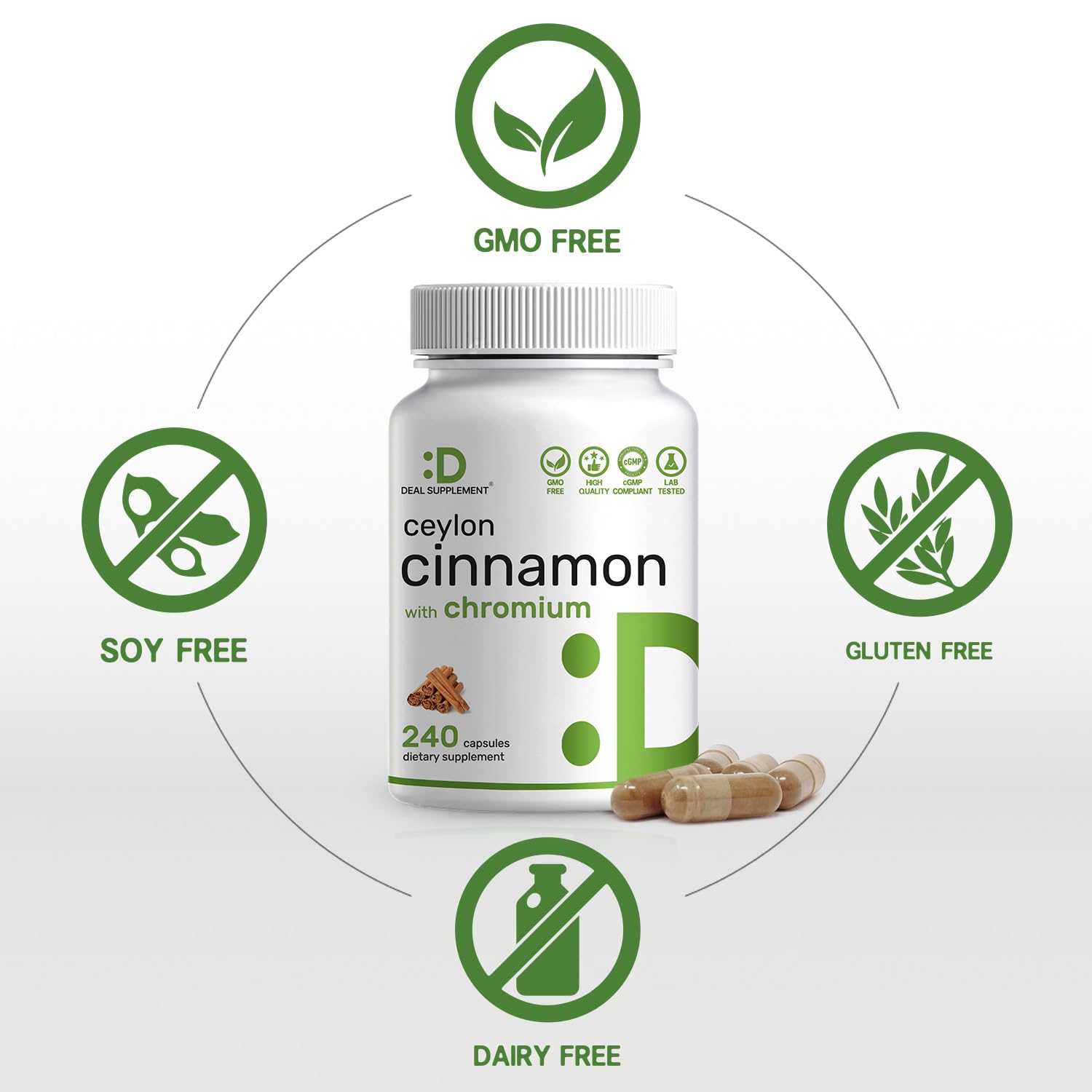 Deal Supplement Cinnamon Powder Capsules close-up illustrating easy-to-take format.