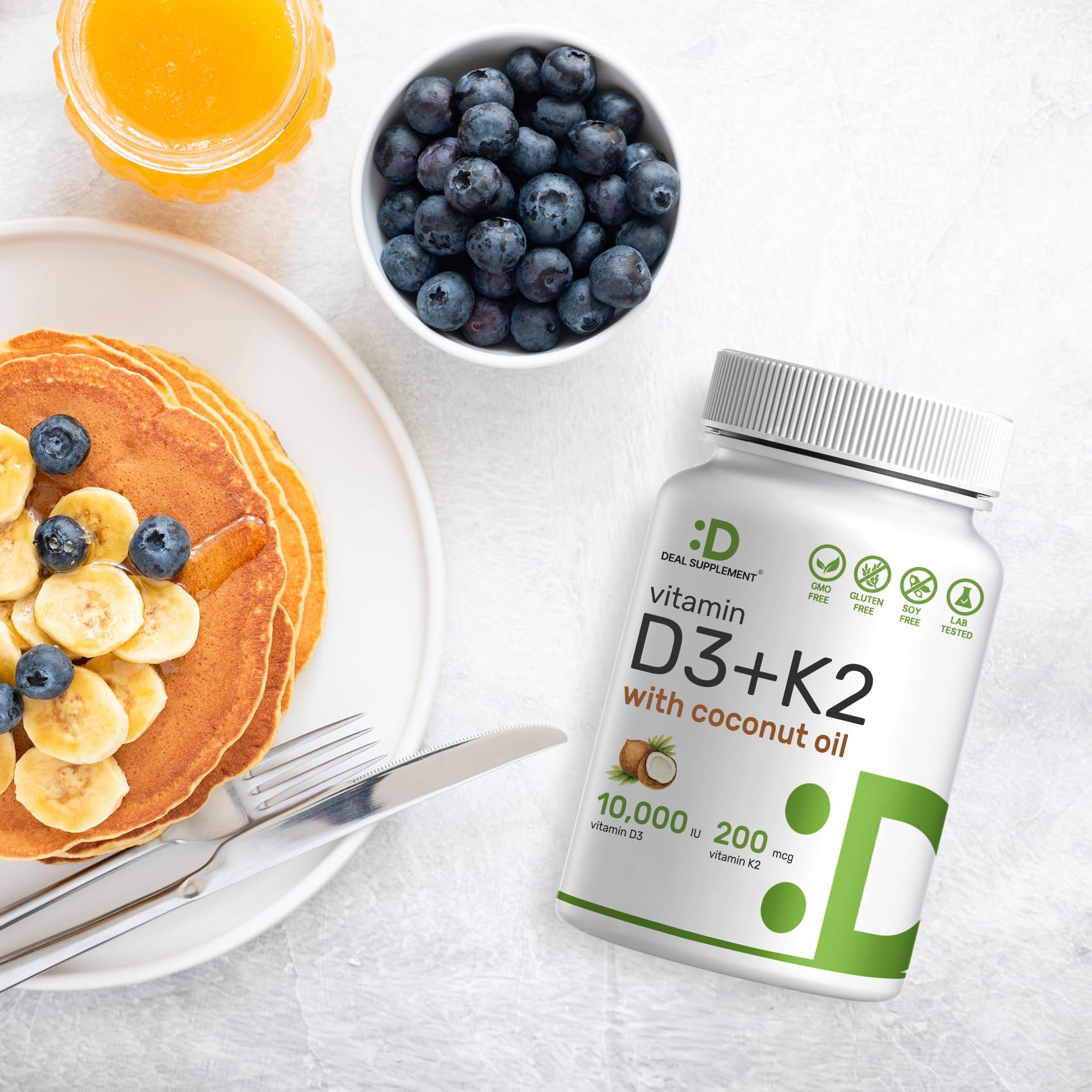 DEAL SUPPLEMENT dosage chart highlights 10,000 IU D3 and 200 mcg K2 MK7