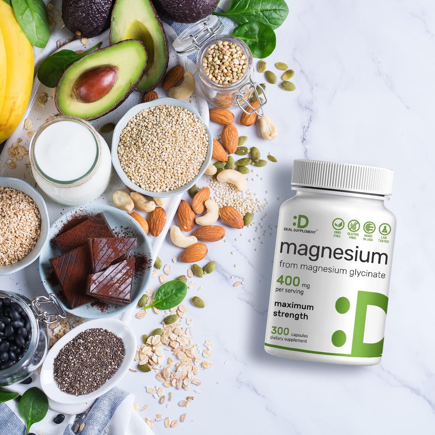 Lifestyle shot of morning routine featuring DEAL SUPPLEMENT magnesium glycinate for wellness.