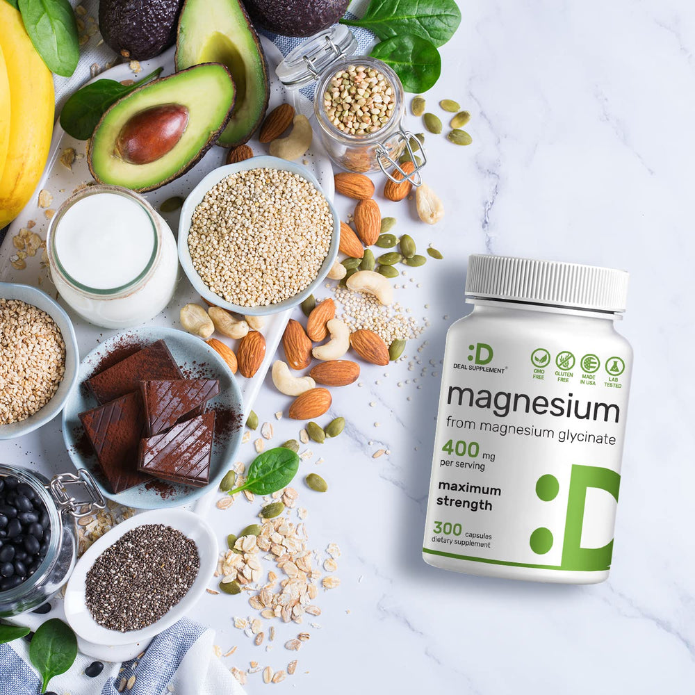 Lifestyle shot of morning routine featuring DEAL SUPPLEMENT magnesium glycinate for wellness.
