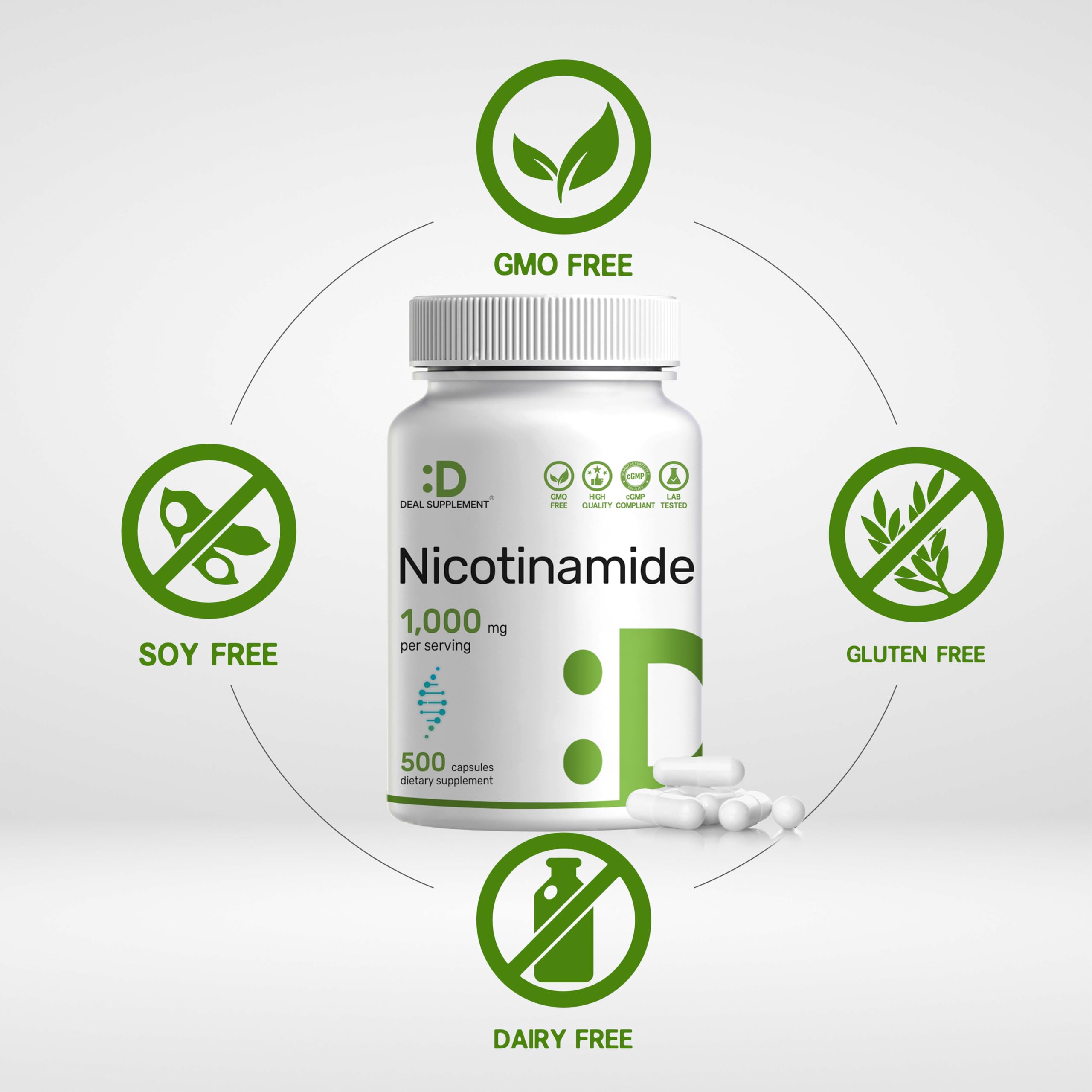 DEAL SUPPLEMENT flush-free Nicotinamide capsules are displayed for easy daily use.
