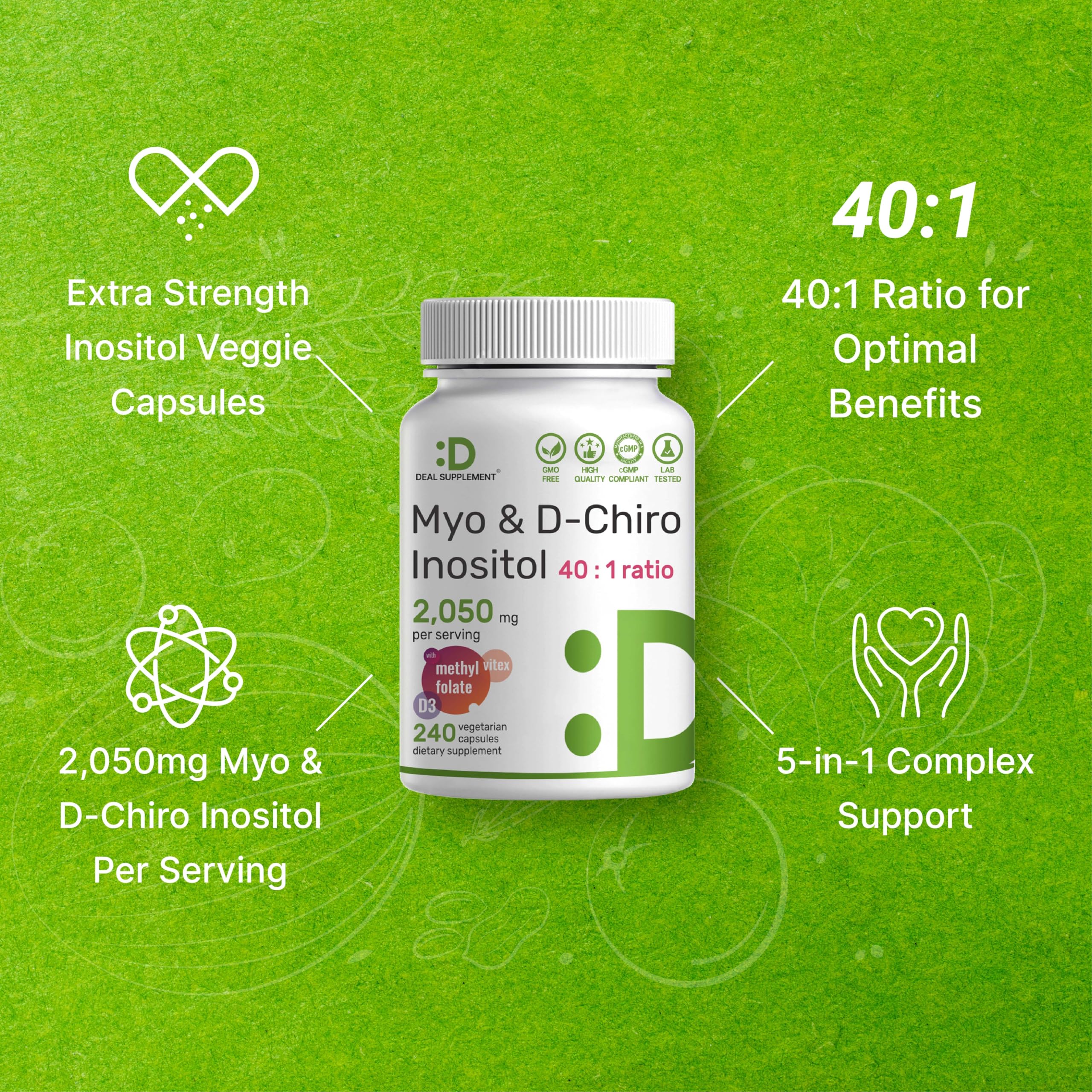 DEAL SUPPLEMENT Folate, Vitamin D3, and Vitex ingredients label close-up.