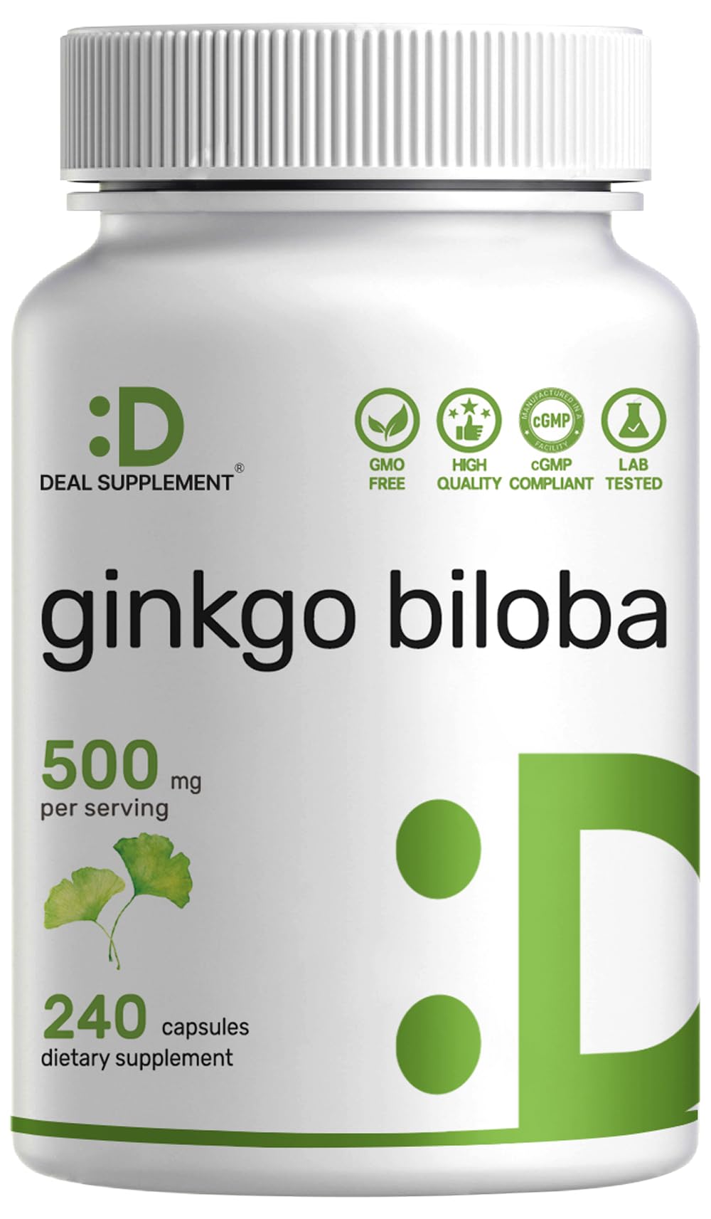 Deal Supplement Ginkgo Biloba 500mg bottle with label and capsules for daily brain support.