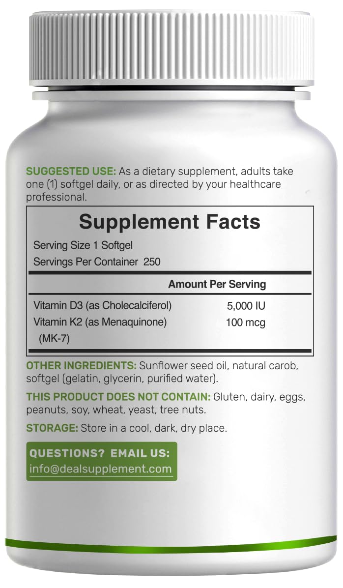 Gluten-free, dairy-free, non-GMO ingredients in D3K2 softgels.