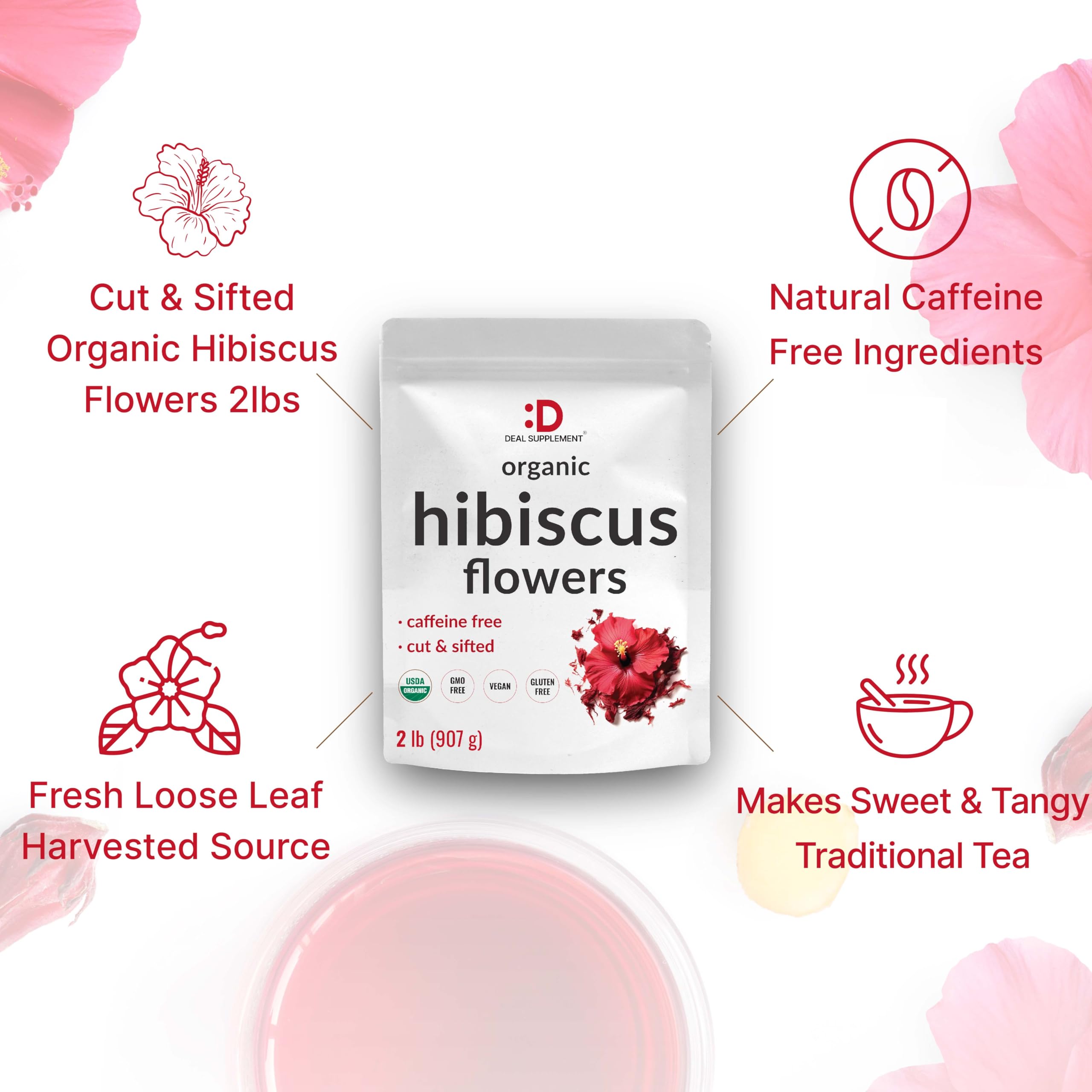 DEAL SUPPLEMENT hibiscus flowers tea brew in glass cup with rich red infusion
