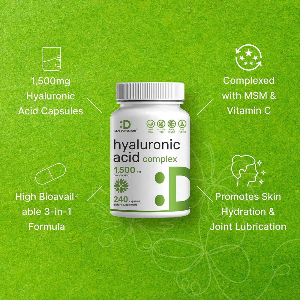 DEAL SUPPLEMENT Hyaluronic Acid Complex ingredients graphic featuring HA, MSM, and vitamin C