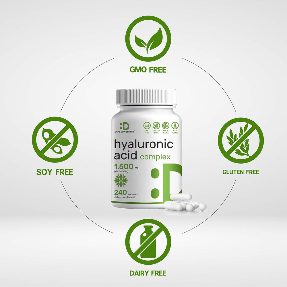 DEAL SUPPLEMENT Hyaluronic Acid Complex label closeup highlighting the 1,500 mg blend