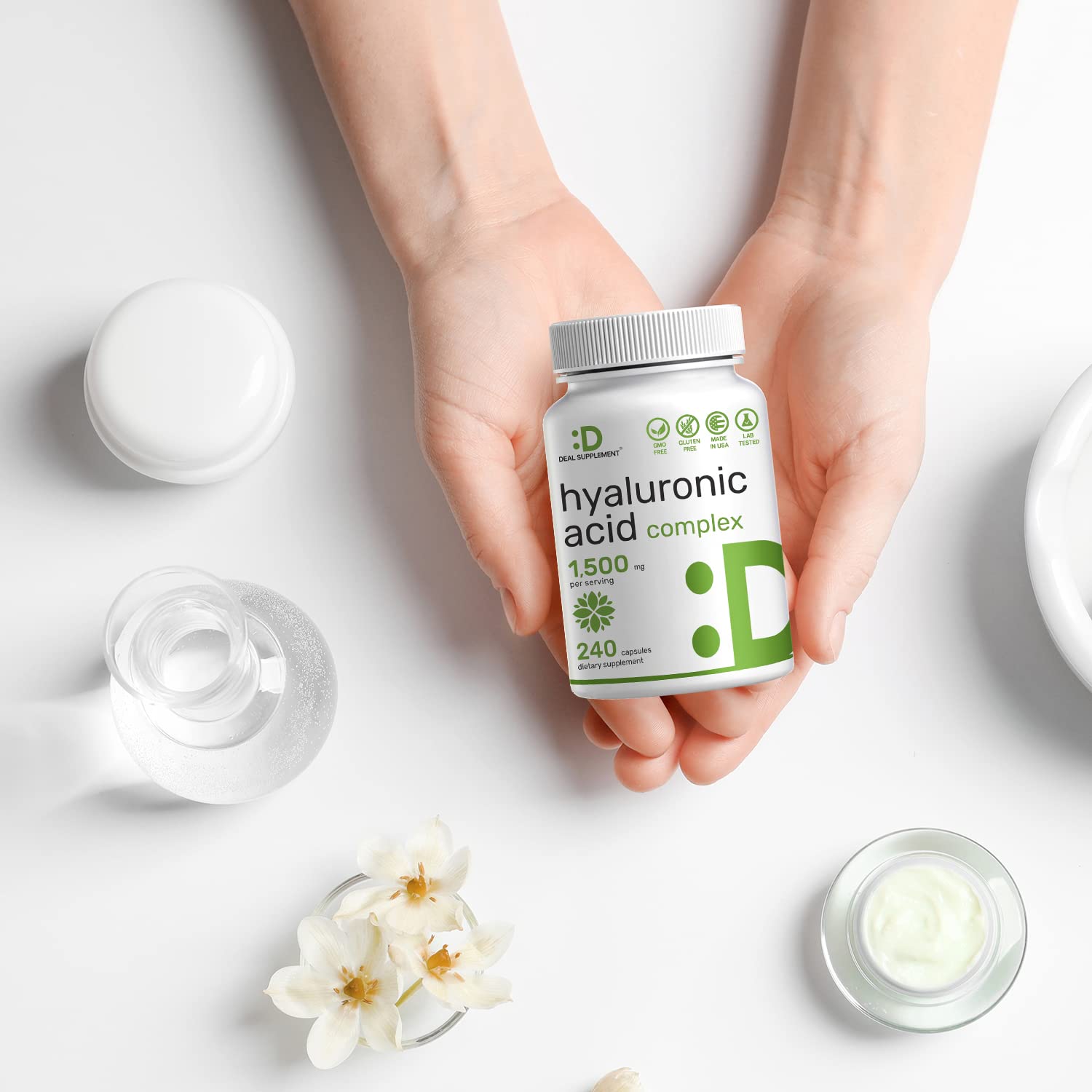 DEAL SUPPLEMENT Hyaluronic Acid Complex packaging indicating non-GMO and allergen-free