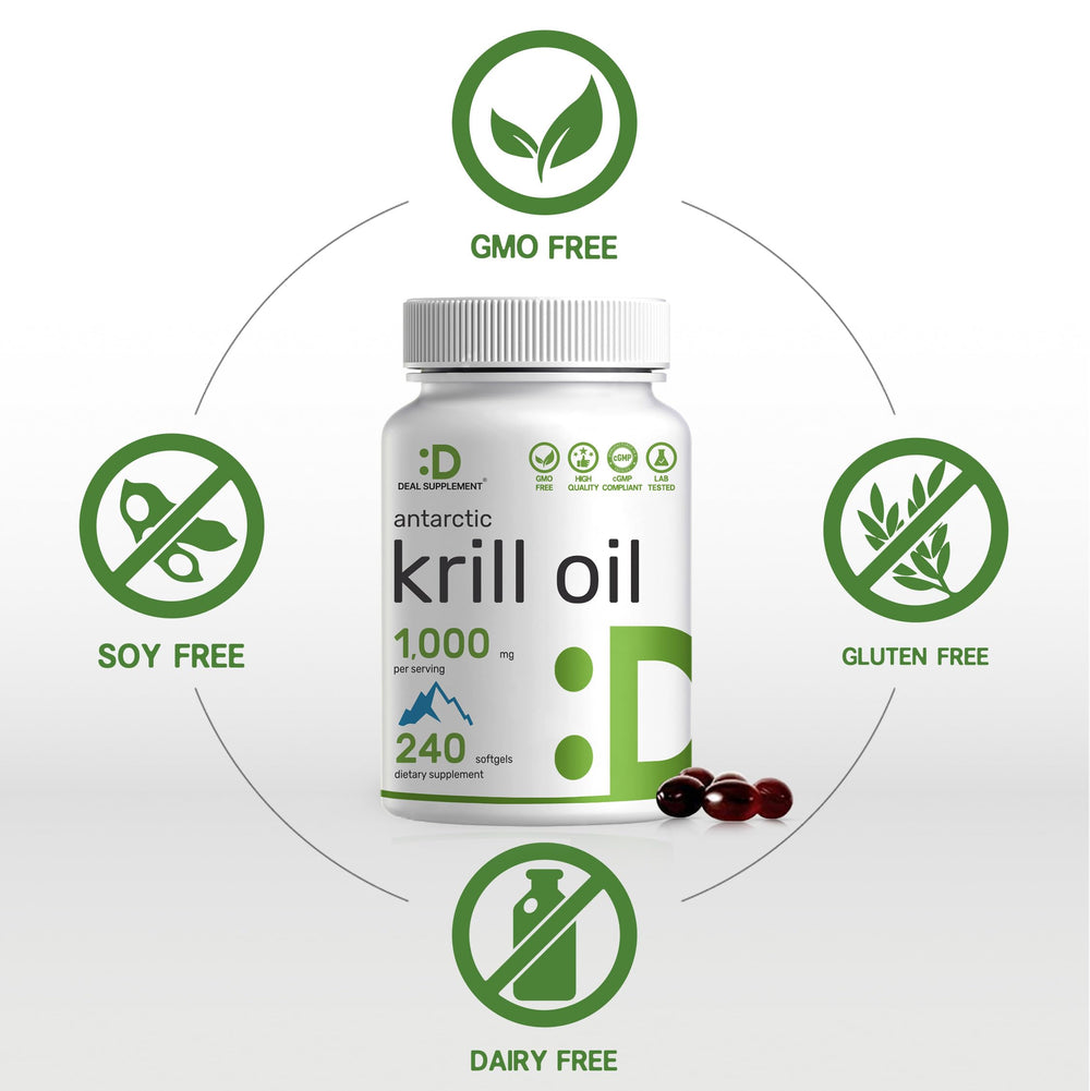 Deal Supplement Krill Oil ingredients panel features phospholipids and astaxanthin.