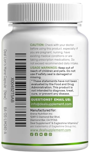 Deal Supplement Lions Mane bottle side view emphasizes non-GMO formulation and potency.