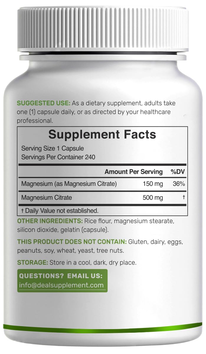 DEAL SUPPLEMENT Magnesium Citrate 500mg bottle on wood surface for daily use.
