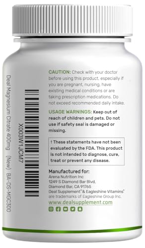 Close-up of DEAL SUPPLEMENT Magnesium Citrate capsules highlighting chelated, highly absorbable formula.