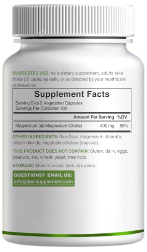 DEAL SUPPLEMENT Magnesium Citrate dosing scene showing three capsules per serving.