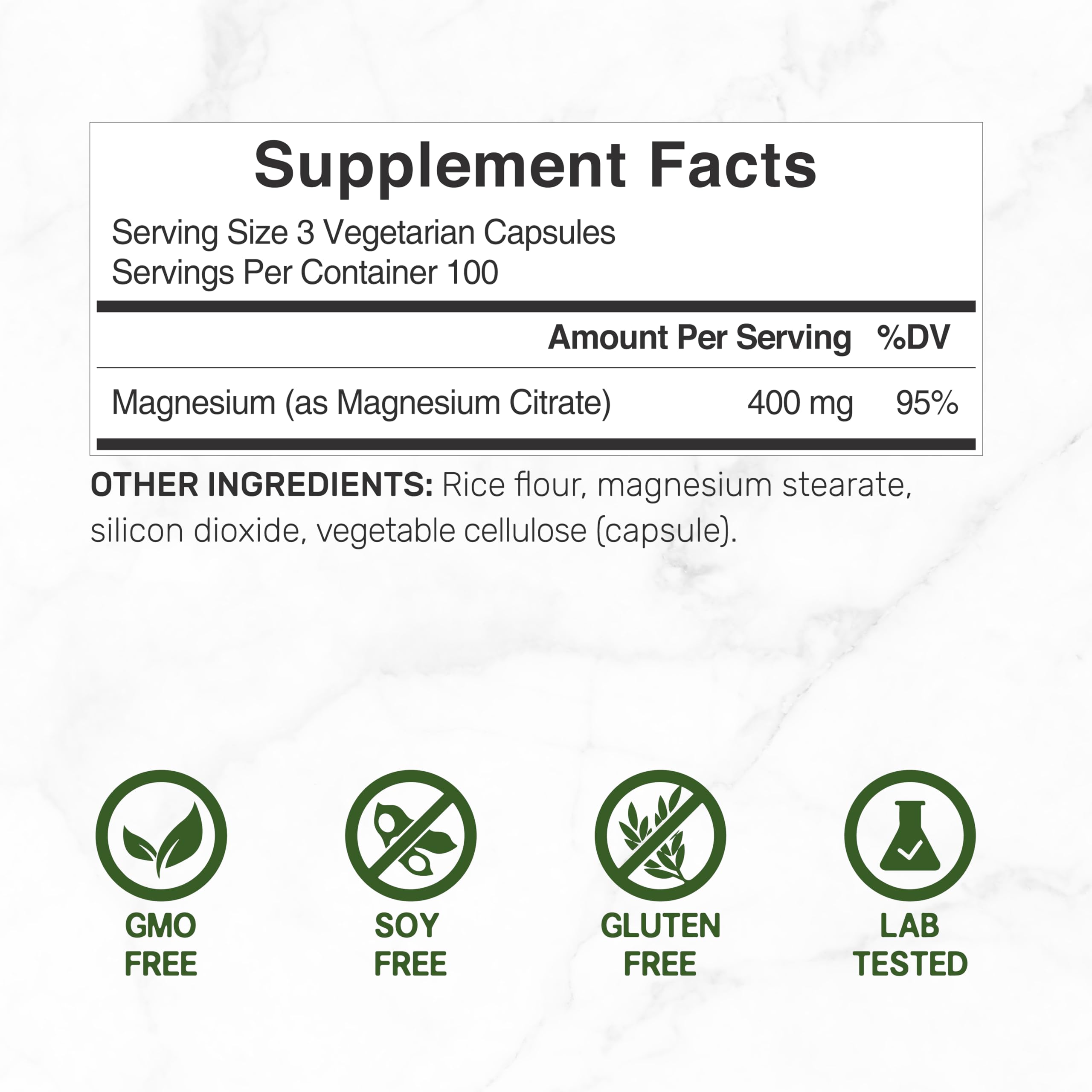 Front label of DEAL SUPPLEMENT Magnesium Citrate emphasizing purity and non-GMO features.