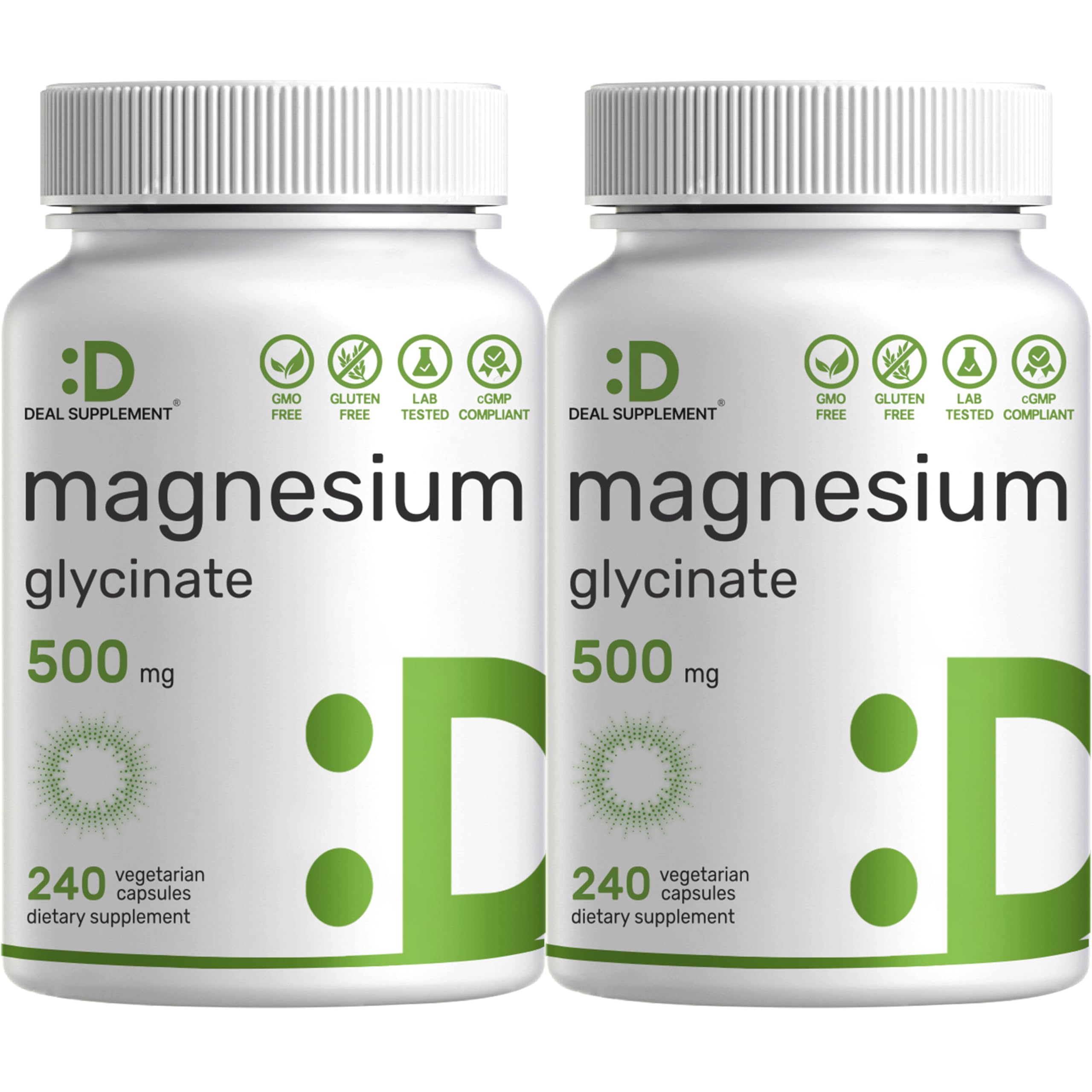 Deal Supplement Magnesium Glycinate 500mg bottle front, easy daily absorption.