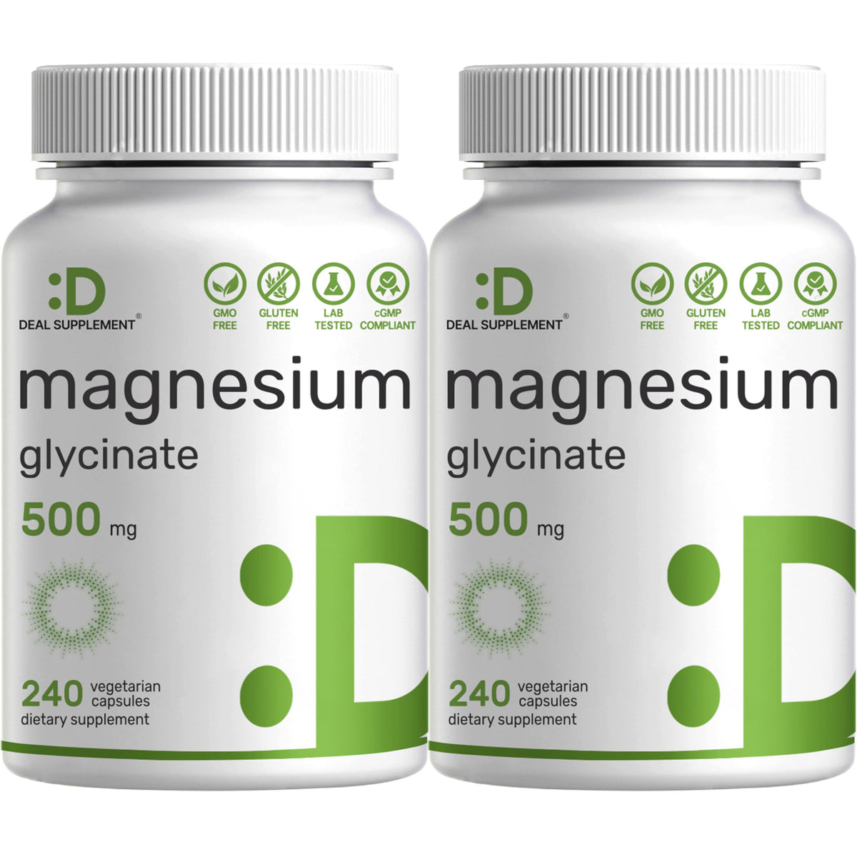 Deal Supplement Magnesium Glycinate 500mg bottle front, easy daily absorption.
