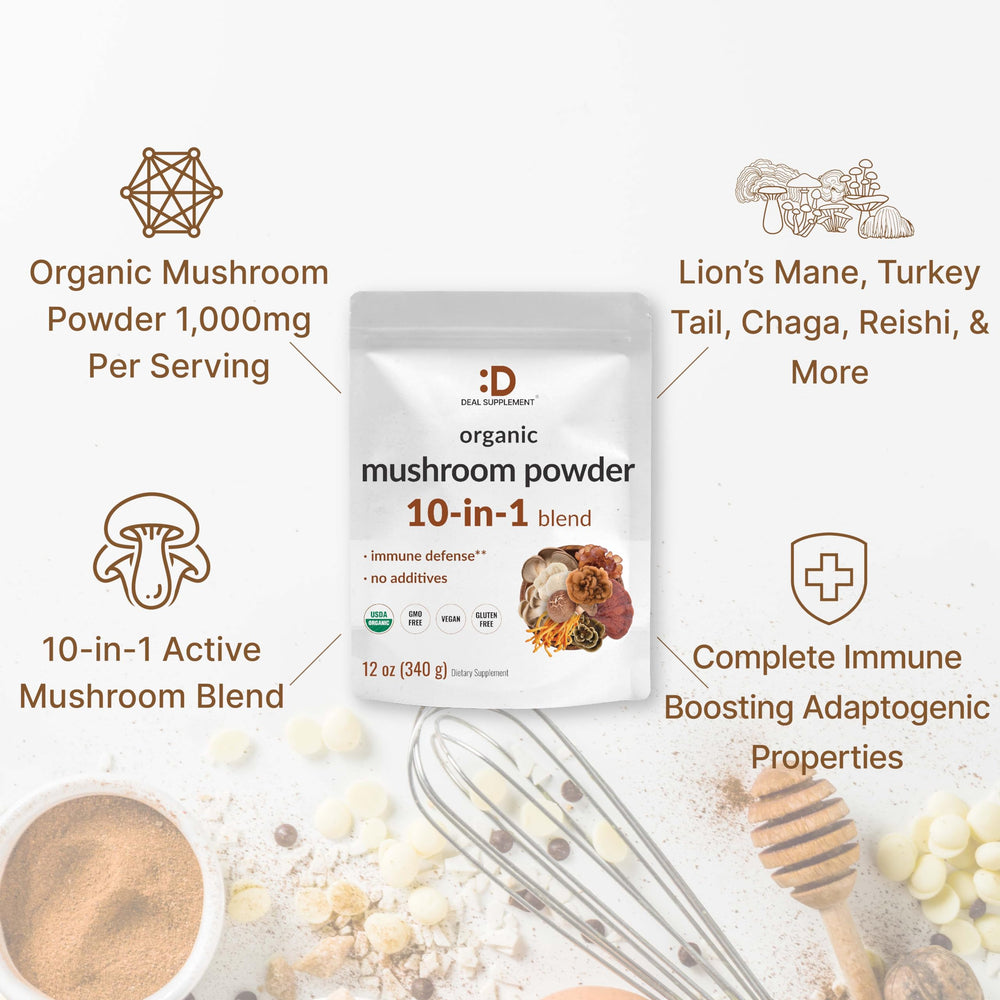 DEAL SUPPLEMENT Mushroom Powder blended into smoothie for daily energy.