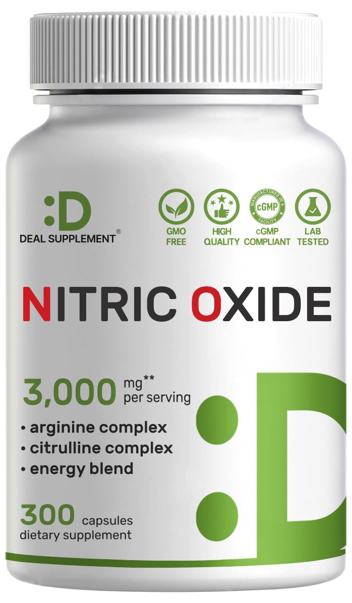 DEAL SUPPLEMENT Nitric Oxide 3,000mg bottle with 300 capsules for daily workout support.