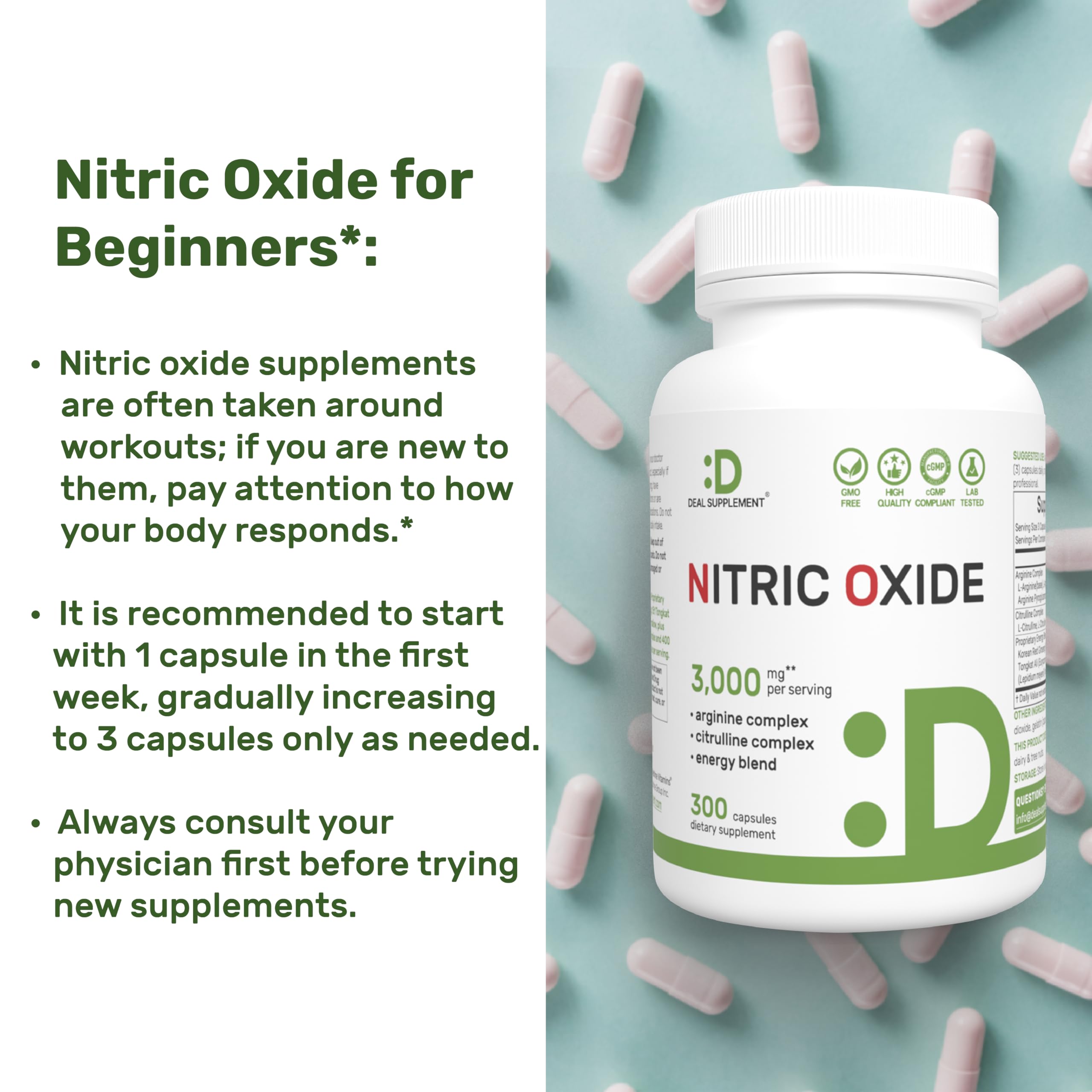 DEAL SUPPLEMENT Nitric Oxide bottle featuring Korean Red Ginseng component.