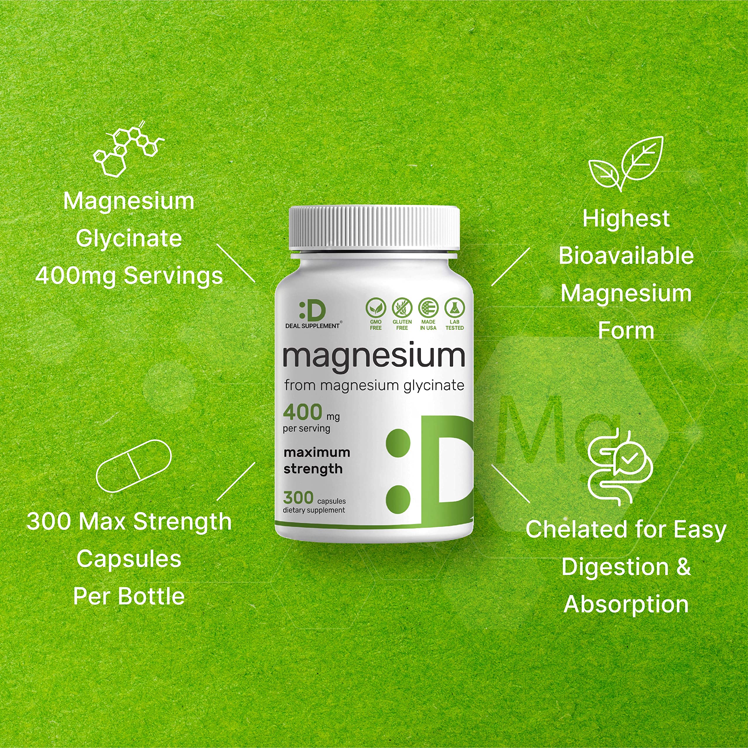 Gluten- and dairy-free icons with DEAL SUPPLEMENT magnesium glycinate.