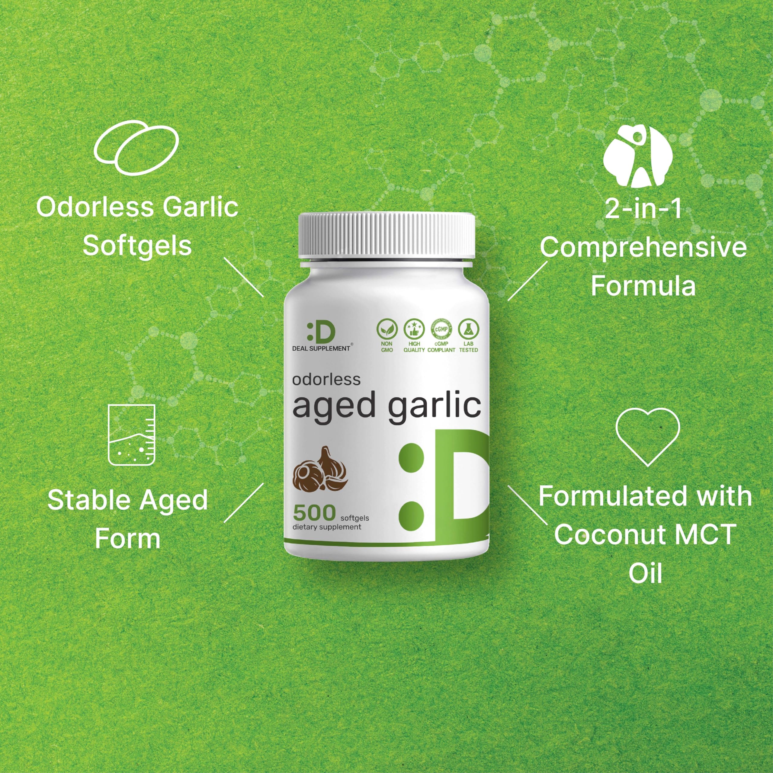 Deal Supplement non-GMO aged garlic formula label close-up emphasizes quality ingredients.