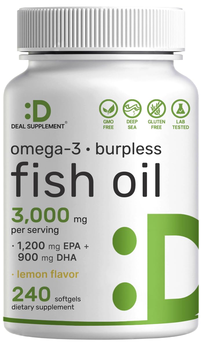 Deal Supplement Omega-3 softgels with lemon flavor, burpless design for easier daily use.