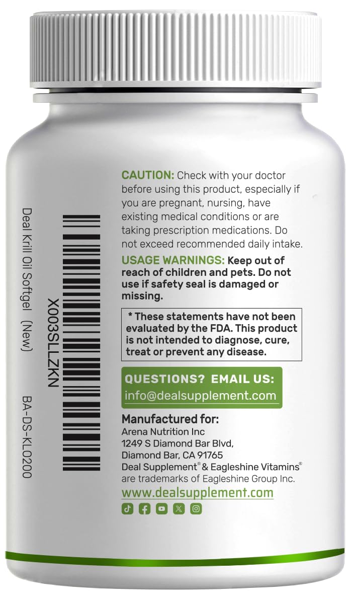 Deal Supplement omega-3 imagery highlights EPA and DHA benefits in krill oil.