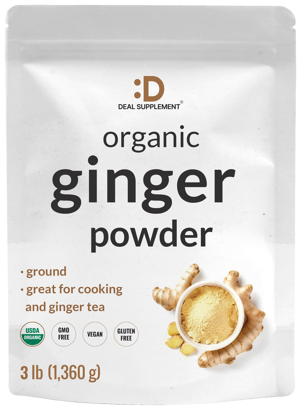 DEAL SUPPLEMENT Organic Fresh Ginger Powder bottle with fine-ground aroma for recipes.