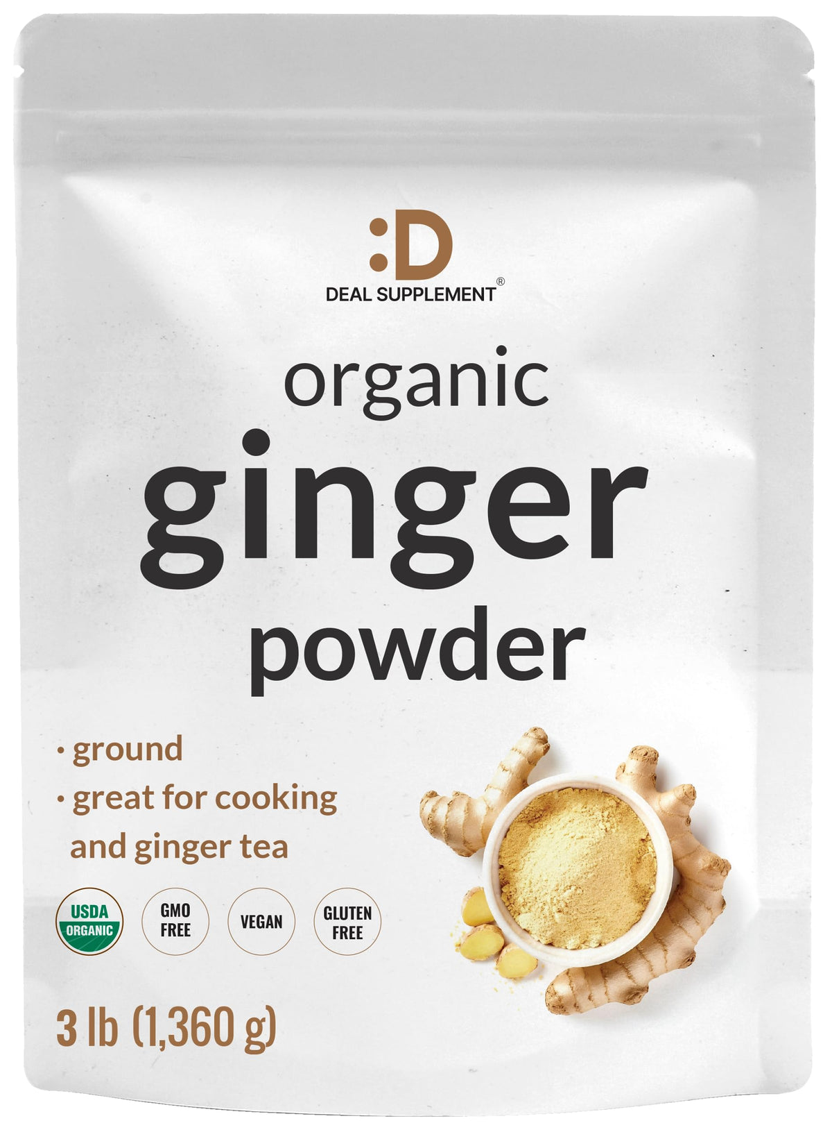 DEAL SUPPLEMENT Organic Fresh Ginger Powder bottle with fine-ground aroma for recipes.