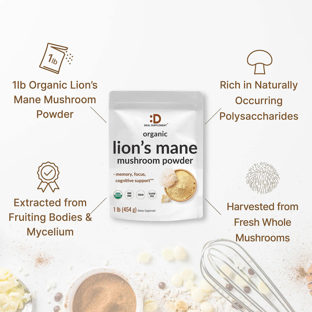 Deal Supplement Lions Mane powder bottle label shows non-GMO and allergen-free features.