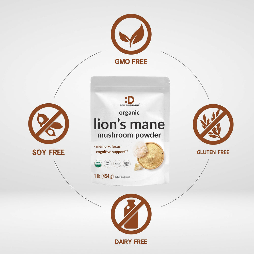 Deal Supplement Lions Mane powder closeup reveals fine texture and organic quality.