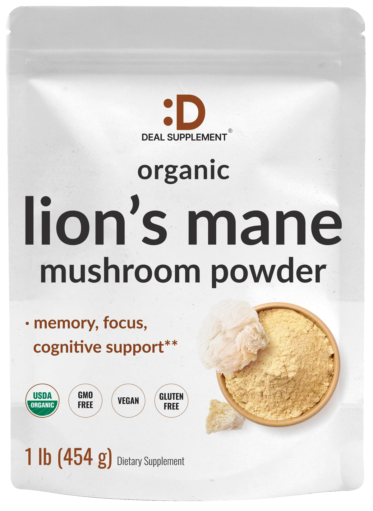 Deal Supplement Organic Lions Mane powder jar top view highlights premium packaging for daily use.