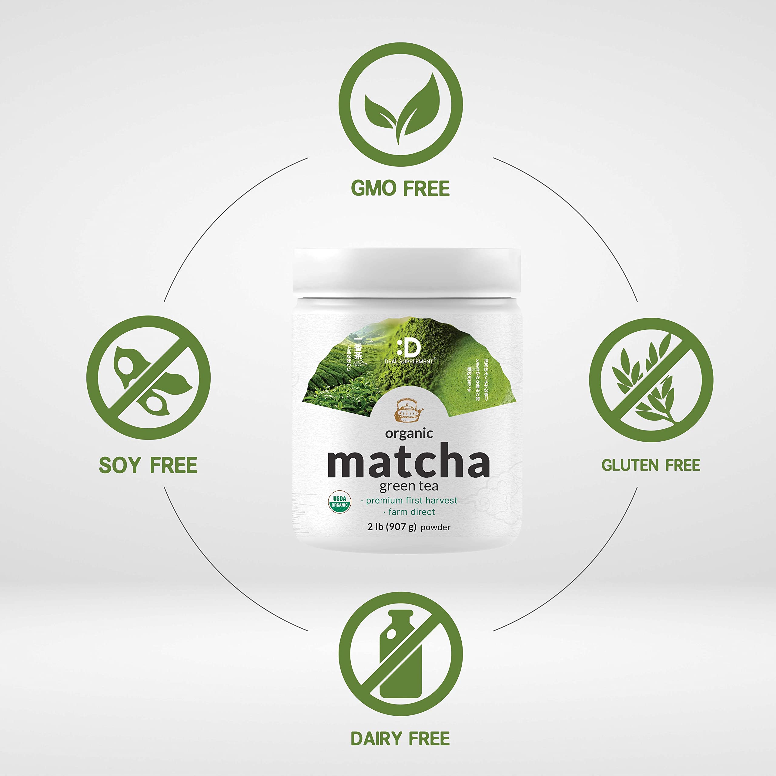 Deal Supplement Organic Matcha powder packaging with precise serving by spoon