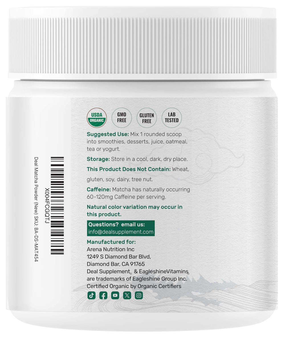 Deal Supplement Organic Matcha Powder scoop beside jar for daily ritual.