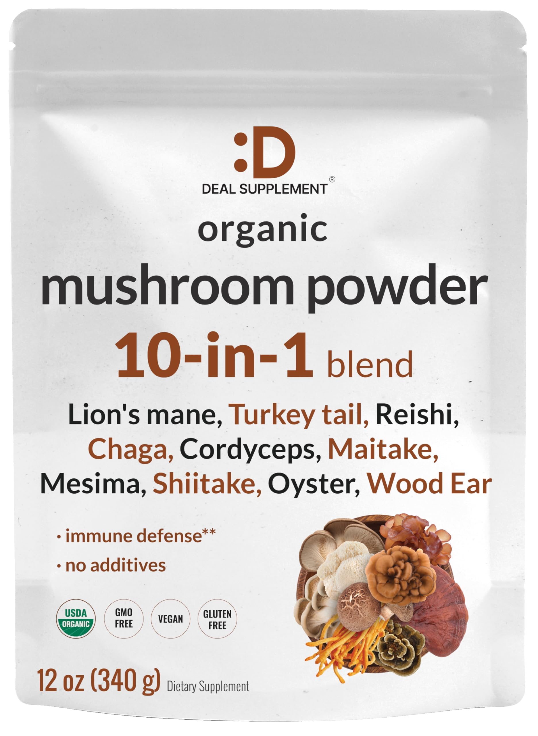 DEAL SUPPLEMENT Organic Mushroom Powder Bottle; non-GMO blend for immune and energy support.