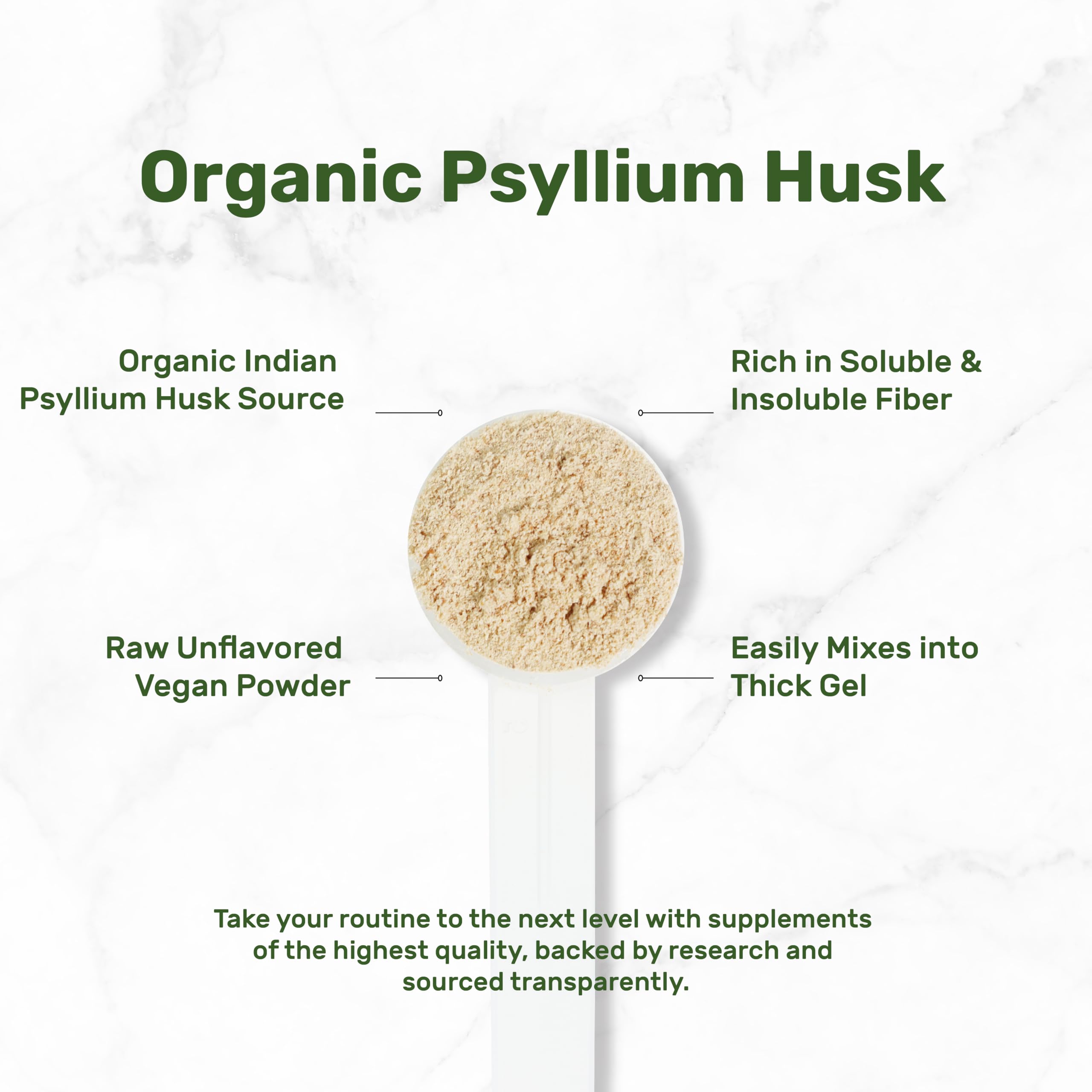 DEAL SUPPLEMENT Organic Psyllium Husk Powder measuring scoop ready for recipes.